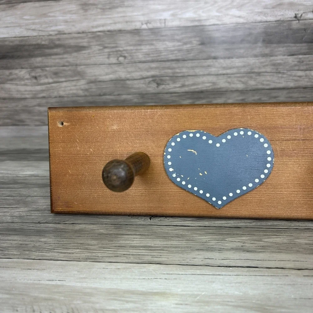 Vintage Wood Blue Heart Peg‎ Wall Hanging Country Cottage Decor Rack